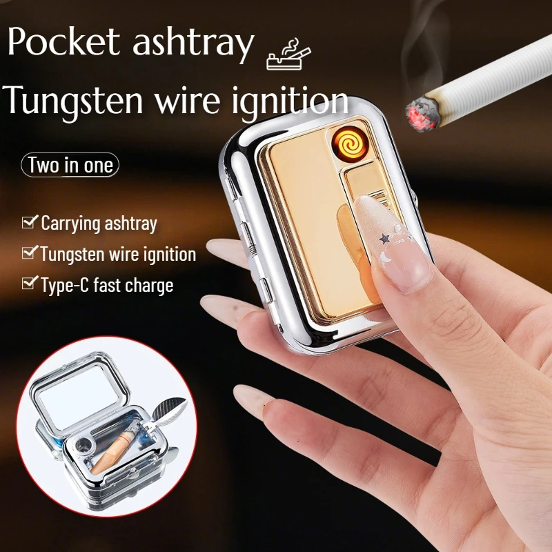 

Metal Square Ashtray with Lighter Portable Two-in-one Portable Ashtray Cute Small Cigarette Lighter Men's Smoking Accessories