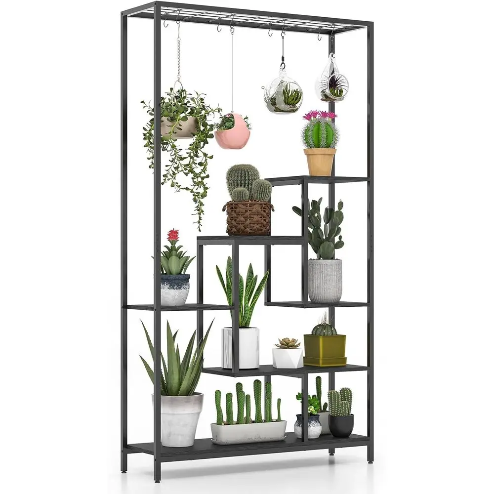 71 Tall Indoor 6-Tier Metal Plant Stand with 10 Hanging Hooks, Potted Bonsai Pots Display Rack for Living Room, Balcony (Black)