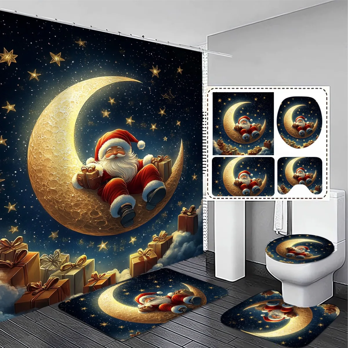 

4pcs Christmas Shower Curtain Set with Non-Slip Bath Rug & Toilet Mat-like Hooks - Blue/Golden Santa Snowflake Star Bathroom