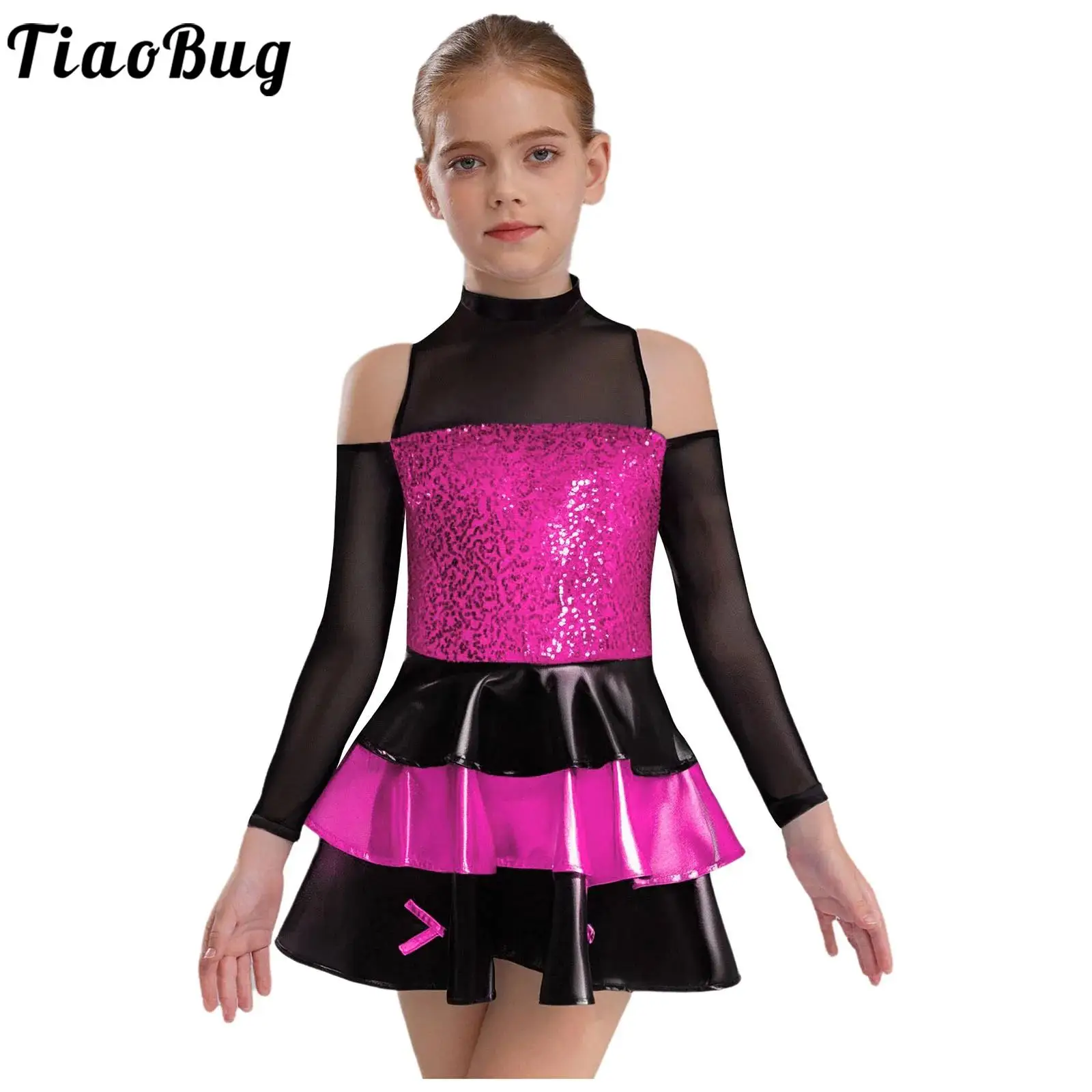 

Kids Girls Cheer Jazz Dance Performance Costume Cold Shoulder Long Sleeve Shiny Sequin Ruffled Dress Dancewear Cheerleader Dress