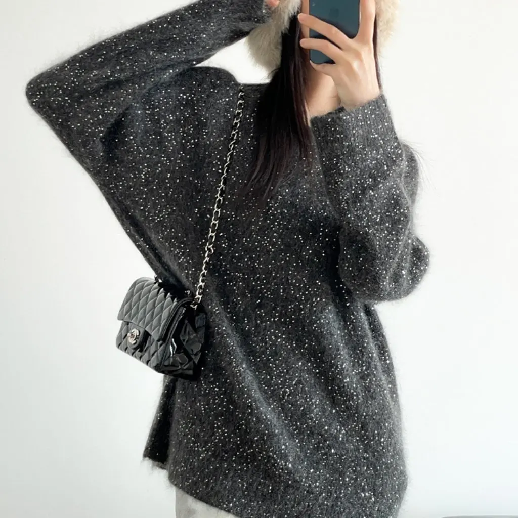 

Chao Young Mohair Fine Flash Lazy Loose Crew Neck Pullover Sweater Fashionable Channel Sharp Goods F113005