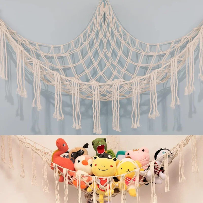 Corda di cotone intrecciata fatta a mano Triangolo portaoggetti angolare Borsa a rete per giocattoli Camera da letto Rete portaoggetti angolare Amaca per bambole giocattolo