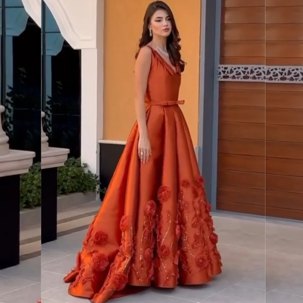 

Customized Modern Style Charmeuse Flower Pleat A-line V-neck Long Dresses Bespoke Occasion Exquisite Retro