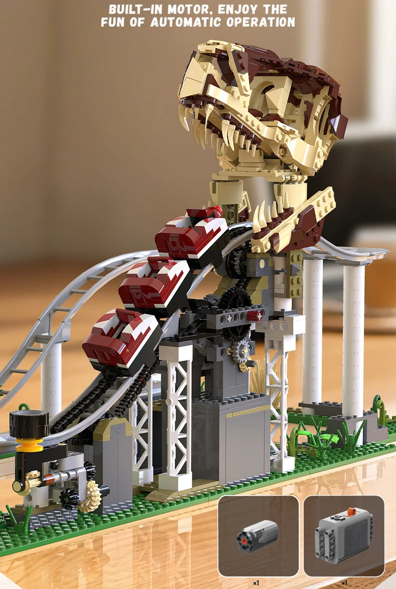 Jurassic Dinosaurier Park Fahrgeschäfte Elektrischer Baustein Tyrannosaurus Rex Pterosaurier Achterbahn Modell Bausteine BO Spielzeug als Geschenke – Detail 2