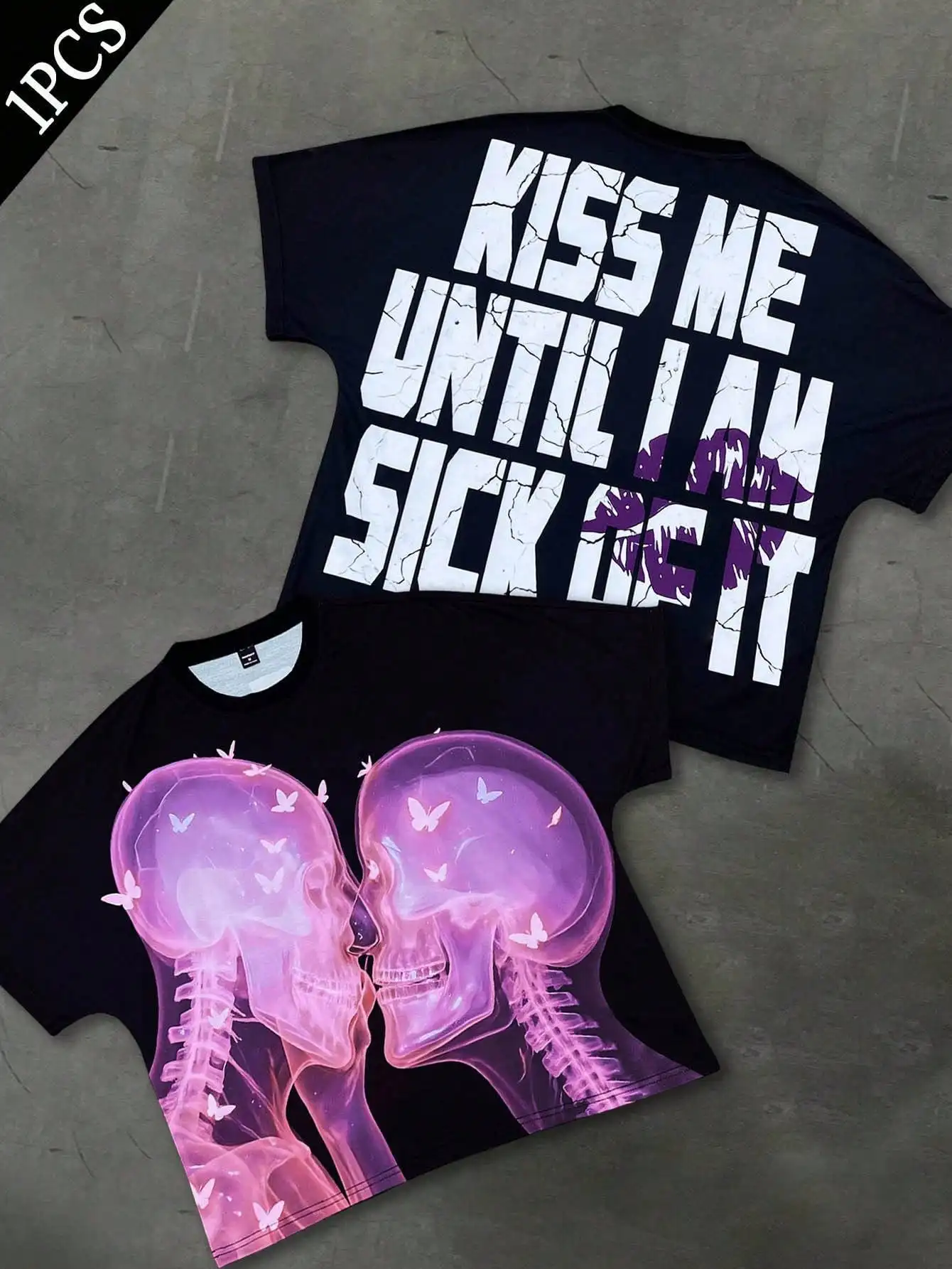 

Black Men's Short Sleeve T-Shirt with Skull Kiss Graphic and Cracked Text Print