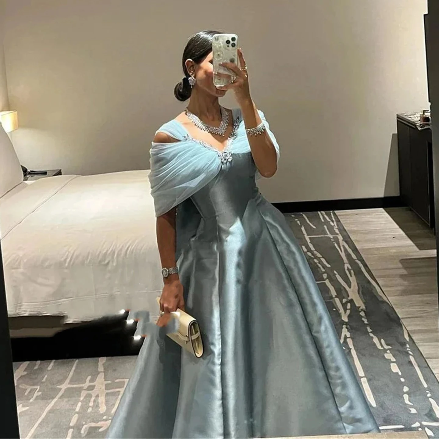 

Women's Light Blue Satin Evening Dress With Off Shoulder Tulle Shawl And Sequined Back For Formal Party Quinceanera Dresses