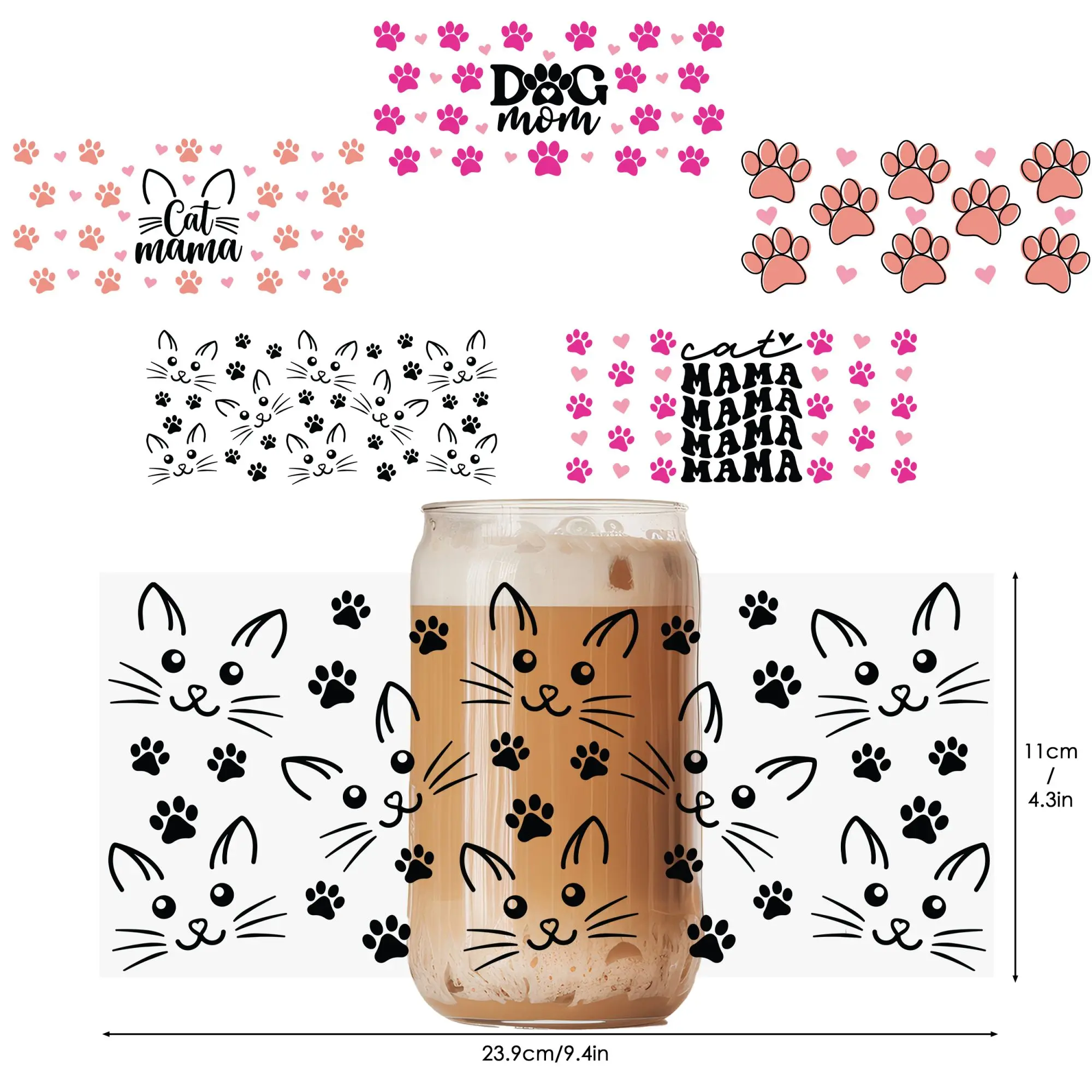 5pcs UV DTF wraps: cute cats, dogs, pet moms, waterproof, scratch-proof, fits 16oz glass jars, DIY labels, 11x24cm.