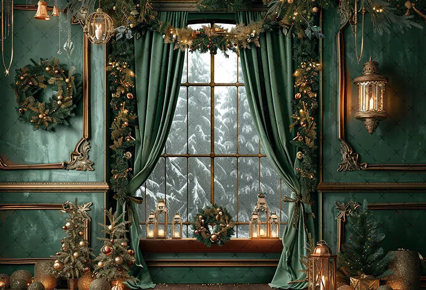 Mehofond Photography Background Winter Christmas Green Window Curtain Xmas Tree Kids Family Portrait Decor Backdrop Photo Studio