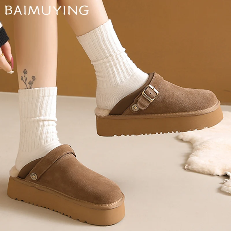 Suede Women Flats Mules Shoes Short Plush Platform Cotton Slippers Designer Snow Boots Winter 2024 Trend Warm Home Mujer Zapatos