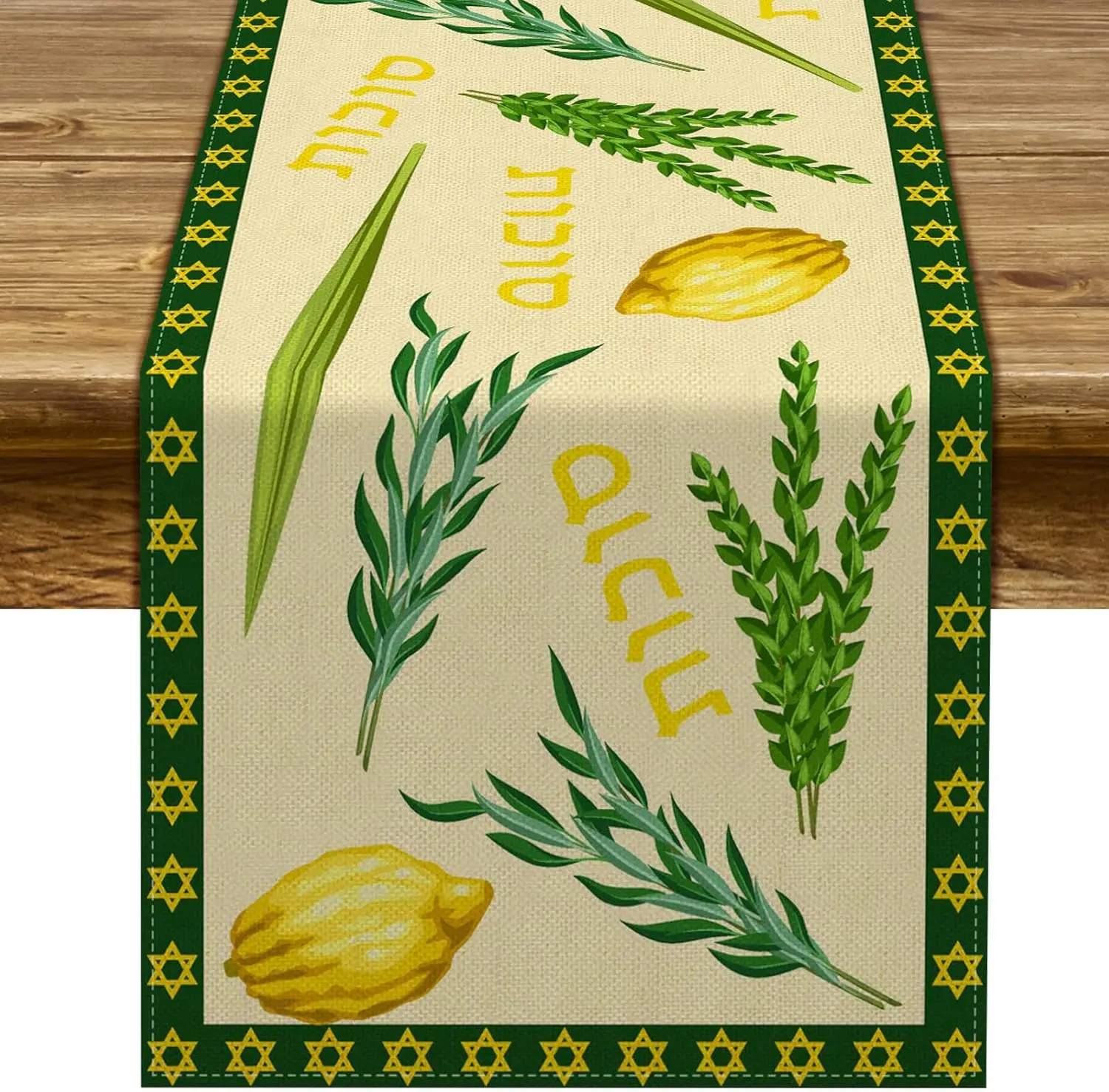 Happy Sukkot Linen Table Runner Dresser Scarves Table Decor Jewish Holiday Etrog Lulav Sukkah Table Runner Sukkot Decorations