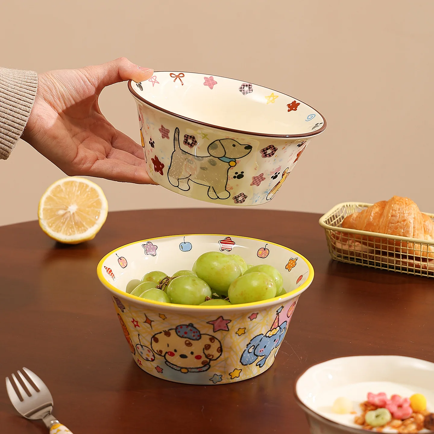 High-Value Ceramic Breakfast Bowls for Home Large Capacity Yogurt Soup Noodle Bowls Underglaze Color Rice Bowls Dining Tableware
