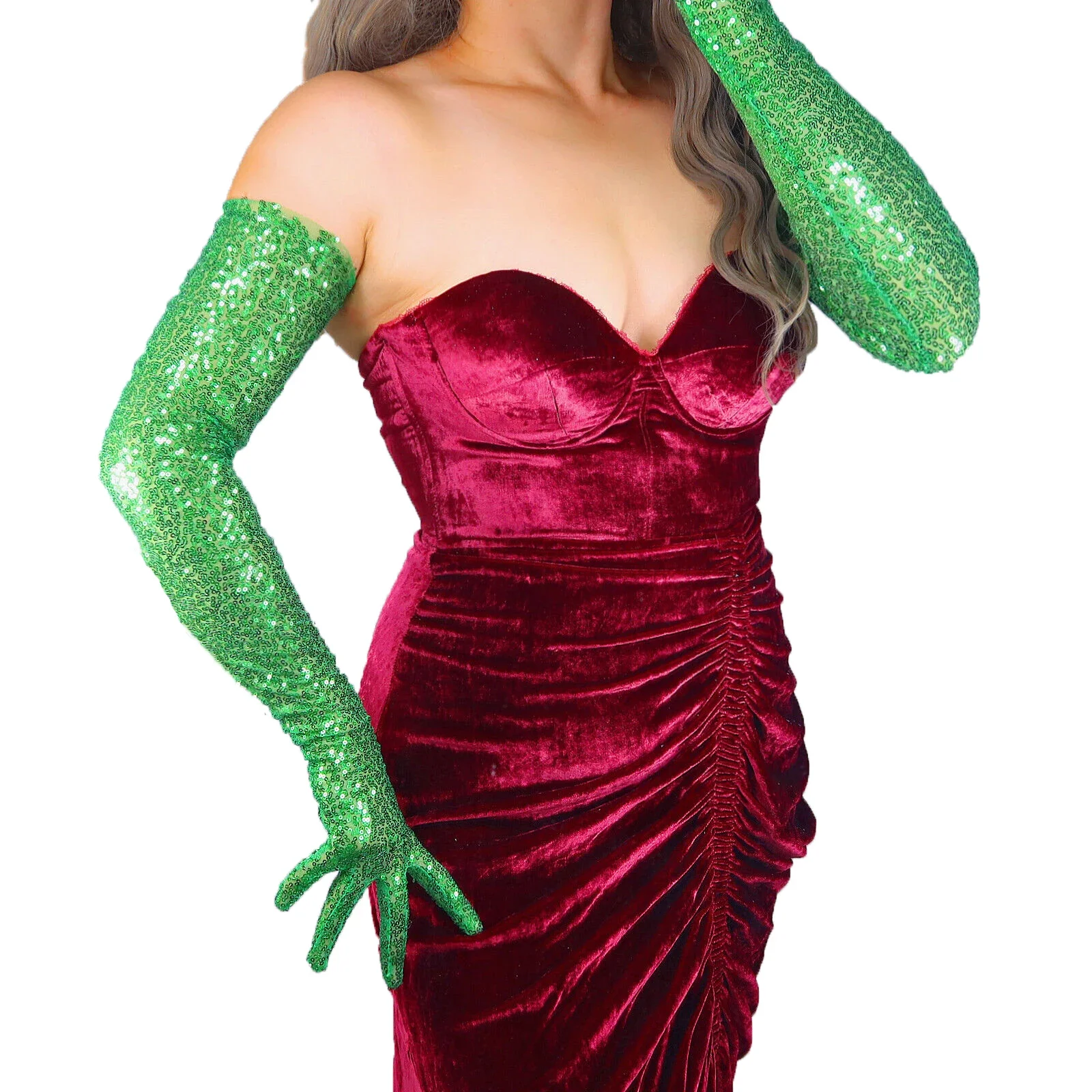 

DooWay Sparkle Green Glitter Sequin Gloves Mesh Sheer Lace Opera Long Nightclub Evening Party Costume Women's Fashion Glove
