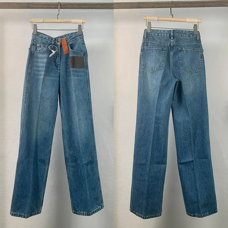 Ouyang Nana and Liu Yifei's same straight leg wide leg denim floor length pants for women, high waist, loose fit, slimming and v