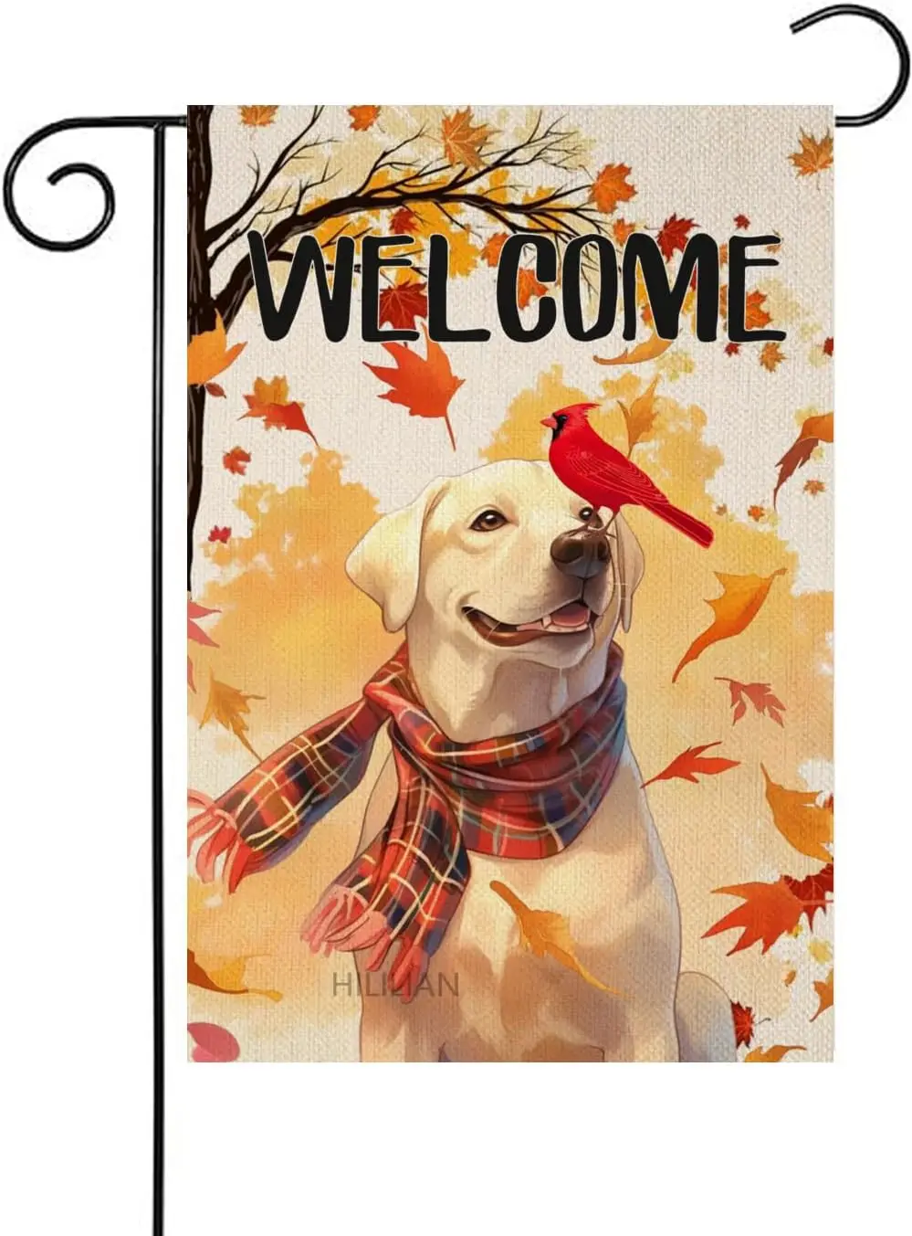 Welcome Fall Yellow Labrador Dog Decorative Garden Flag, Autumn Cardinal Red Bird Maple Leaves Puppy Home Yard Thanksgiving Farm