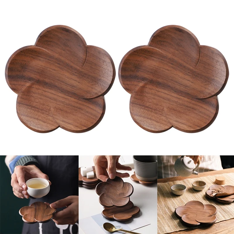 2Pcs Wooden Coasters Flower Heat Insulation Cup Holder Kitchen Drinkware Accessory Petal Shaped Teacup Mat