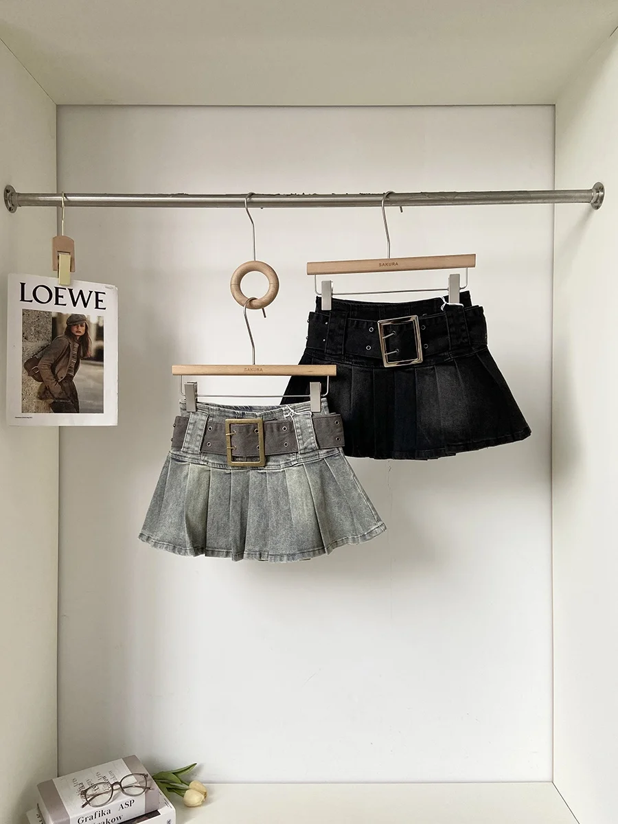 

High Waist A-Line Skirt Women's Blue Jeans Skirt with Belt Anti-Light Spring New Korean Style Commute Short Skirt