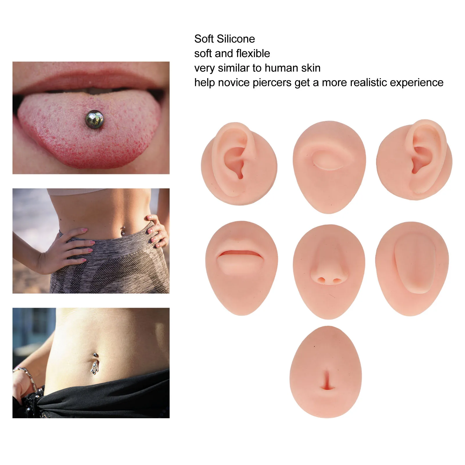 Ear Model Soft Silicone Easy To Operate Body Piercing Practice Model 3D Reusable Simulation Nose Tongue Model for Novice