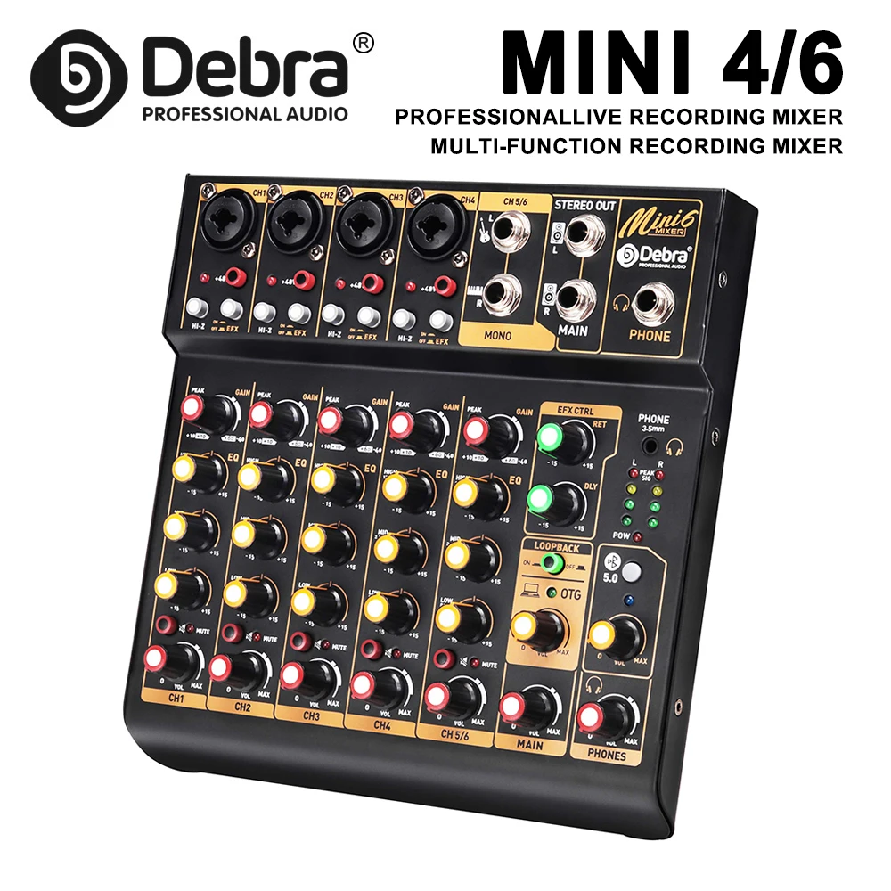 Mini6 6-Channel Audio Mixer, DJ Console with Bluetooth 5.0 OTG Reverb 48V Sound Card for PC Recording, Live Webcasting Mini4