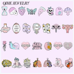 Girl Power Enamel Pins Purple Skeleton Brooch Flower Organs Body Internal Heart Butterfly Mushroom Halloween Witch Women Jewelry