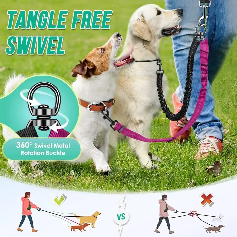 Double Dog Leash, No Tangle 360° Swivel Rotation Reflective Lead Attachment Bungee Extension Length Dual Two Dog Lead Splitter