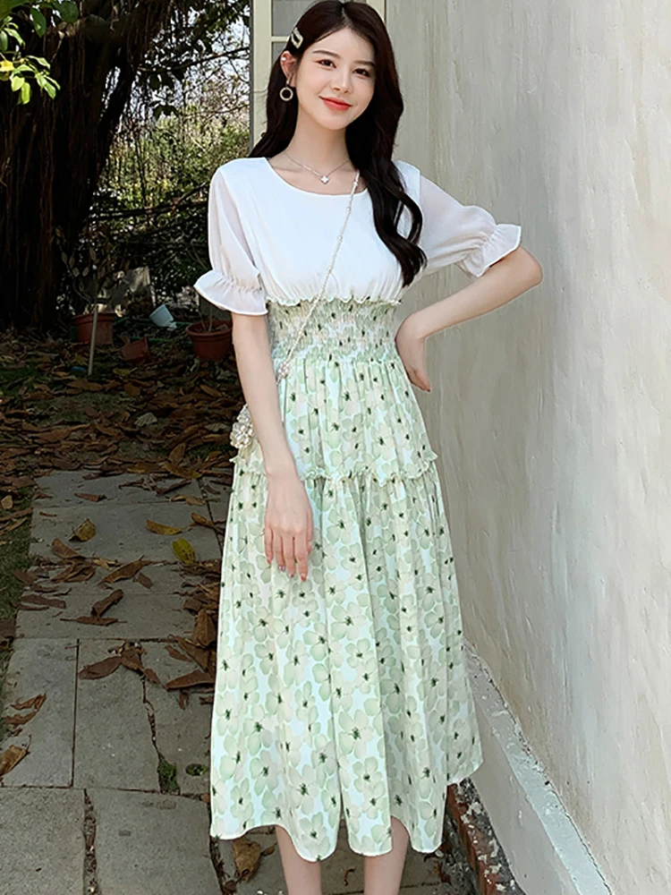 Vestido de dos piezas falso blanco de retazos de gasa Floral verde para mujer vestido elegante de verano con mangas abullonadas vestido de fiesta ajustado coreano 2025