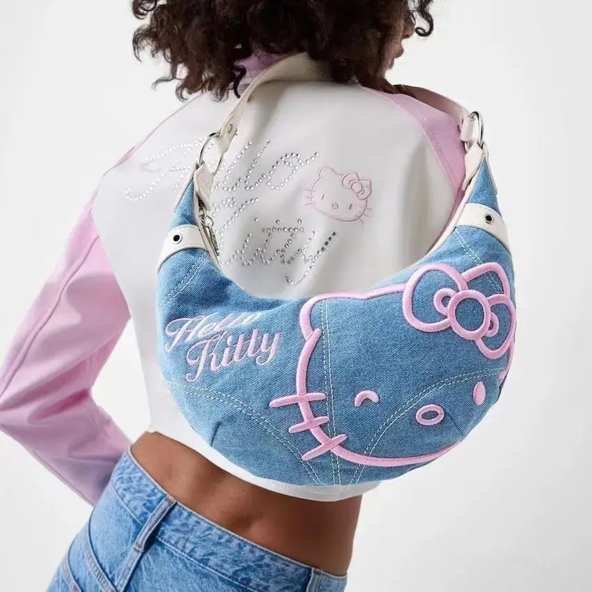 

2024 New Korean Style Sanrio Hello Kitty Shoulder Bag Kawaii Cute Fashion Embroidered Crescent Shoulder Bag Backpack Girl Gift