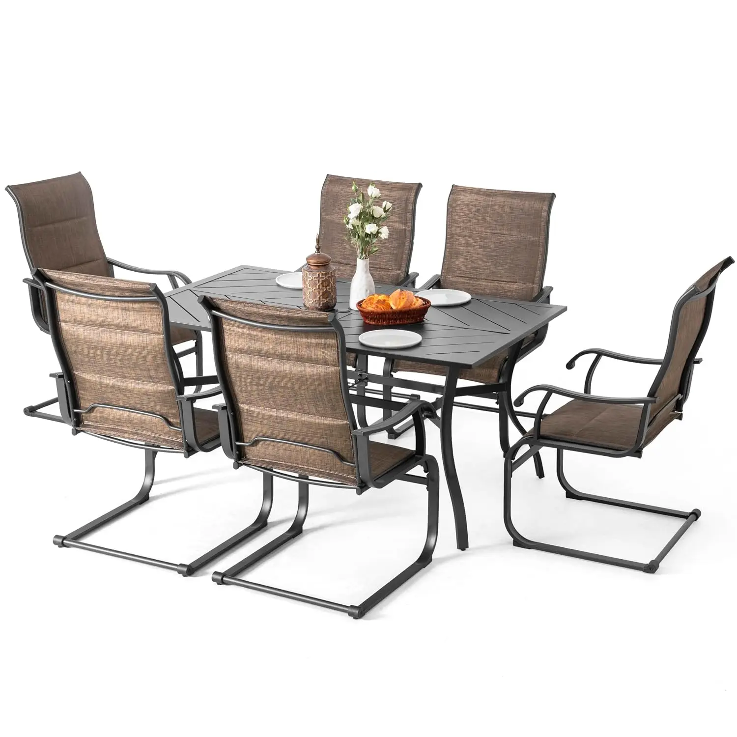 7 Piece Patio Dining Set, 6 Padded Textilene Chairs & 61