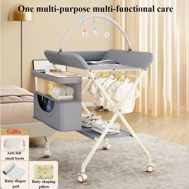 

One-click Folding Multifunctional Diaper Changing Table with Toy Rack Storage Basket Height Adjustable Mobile Baby Care Table