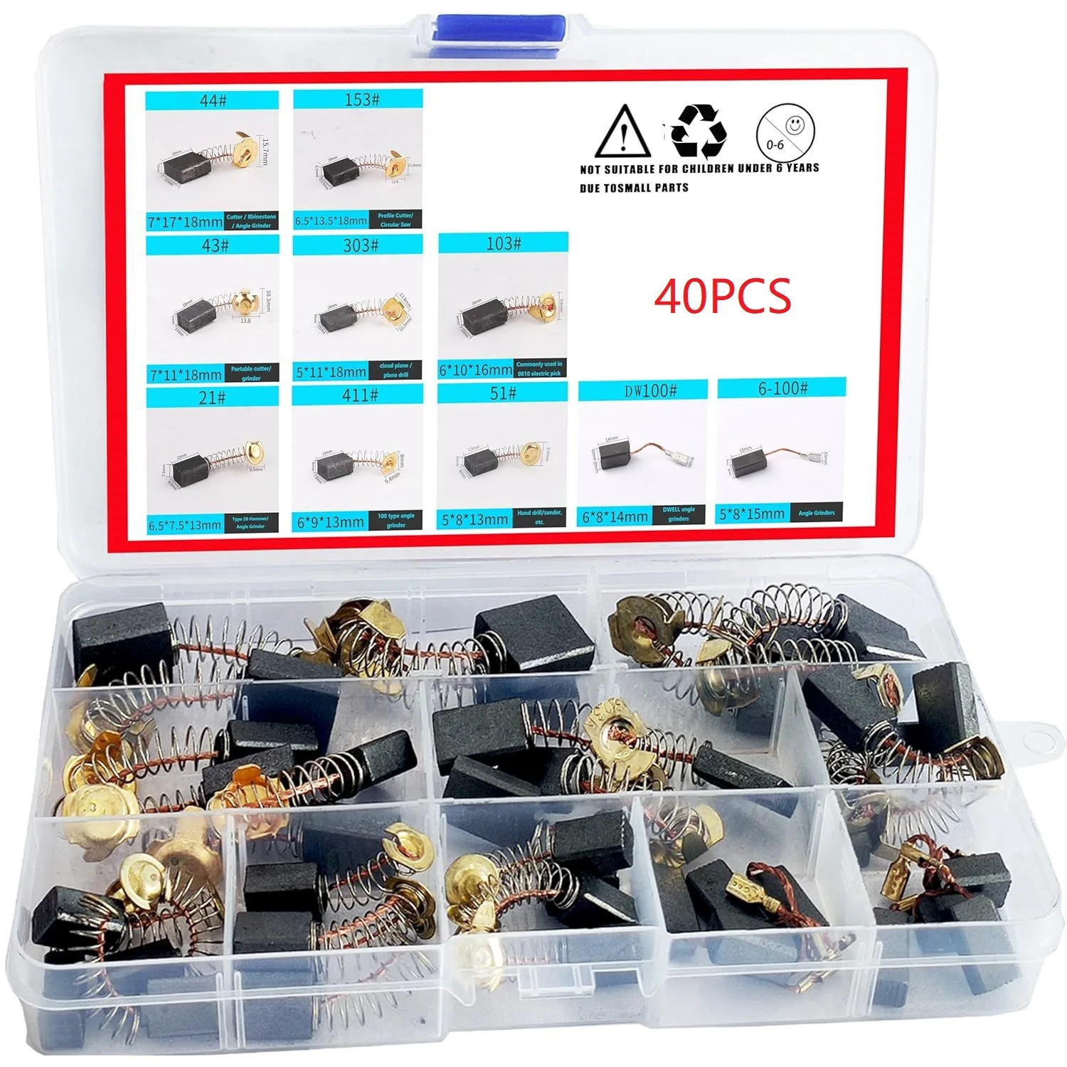 40Pcs Universal Motor Carbon Brushes 10 Different Types for Trimmer Angle Grinder Hammer Motor