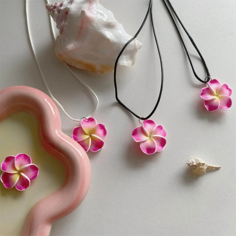 Pink Three-Dimensional Flower Necklace Summer Five Petals Flower Pendant Neckchain Lovely Collarbone Chain Sweet Jewelry