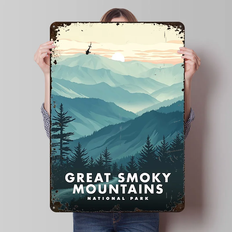 Grande montanhas esfumaçadas impresso cartaz personalizável arte da parede retro vintage metal estanho sinais para casa quarto decoração jogos