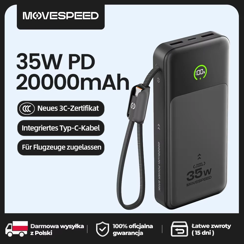 【CCC】MOVESPEED P20 Power Bank 20000 mAh 35 W PD Powerbank mit schnellem Laden, LFP-Akku, externes Ladegerät für iPhone, Xiaomi, Samsung
