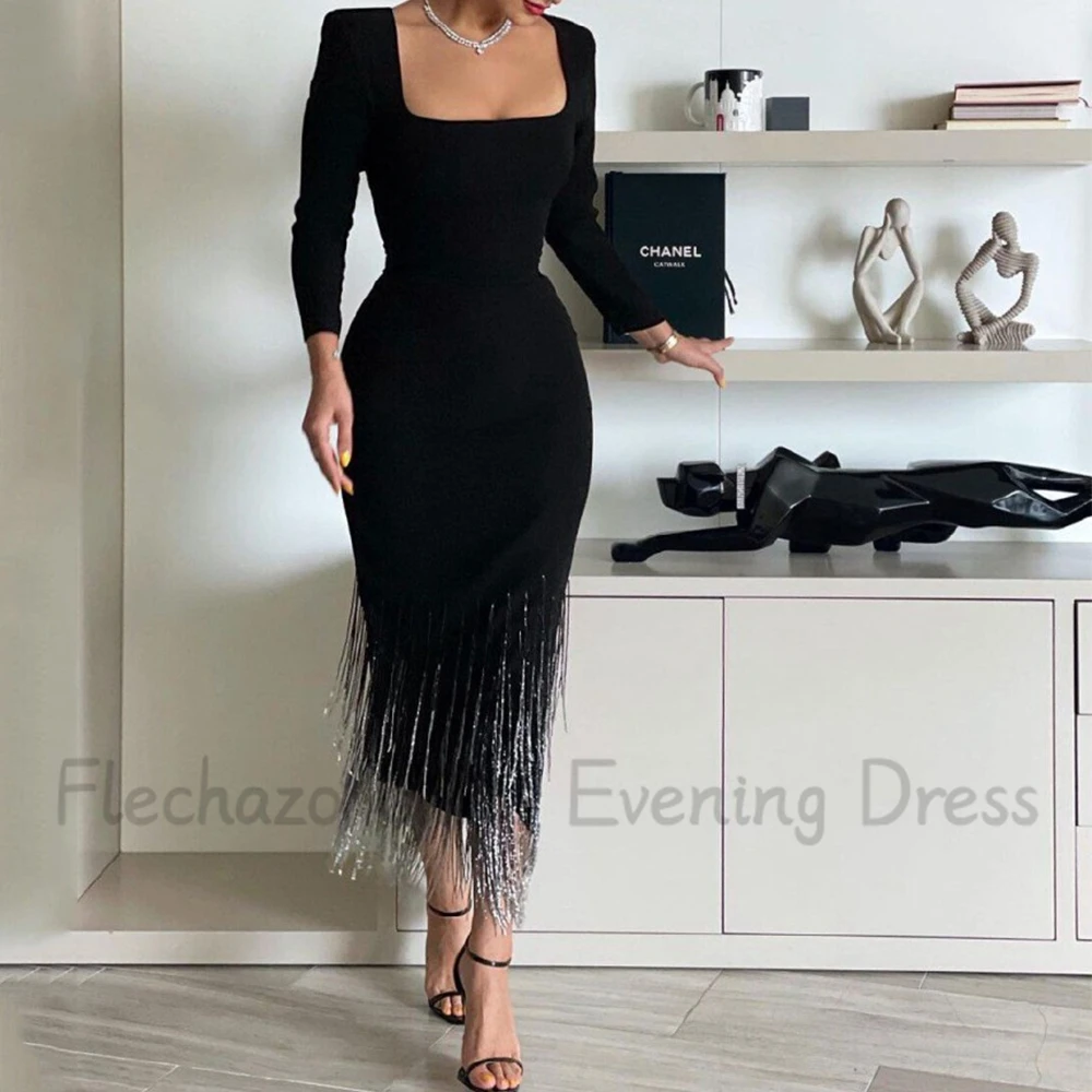 Flechazo Gorgeous Square Collar Evening Dress Long Sleeves Sheath Tea-Length with Tassel Women Banquet Custom Made Gowns