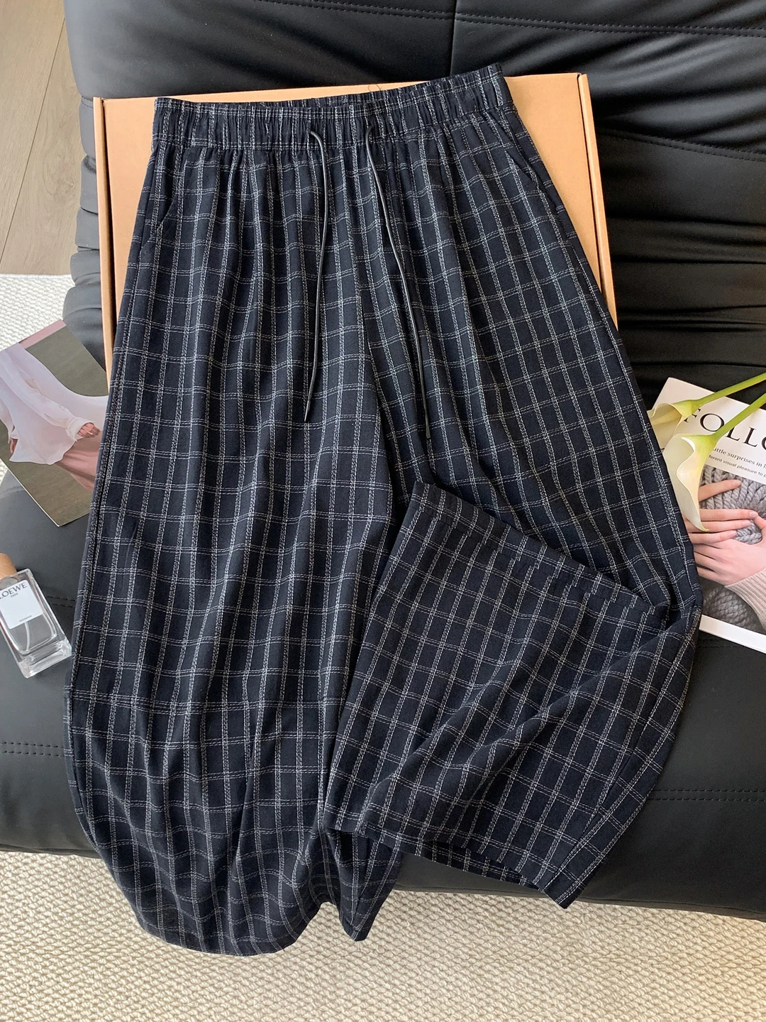 Women's Casual Cotton Linen Wide Leg Pants Autumn New Style High Waist Trousers Plaid Loose Waist Design 9 Points Length