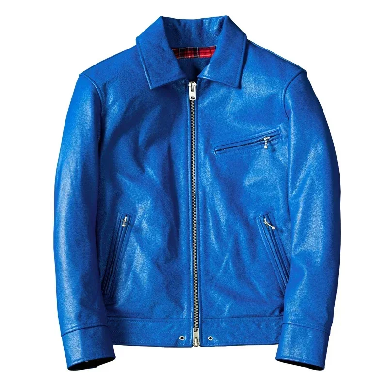 LNY!Wholesales.Men quality casual genuine leather coat.blue slim rider style cowhide jacket.popular young cloth,