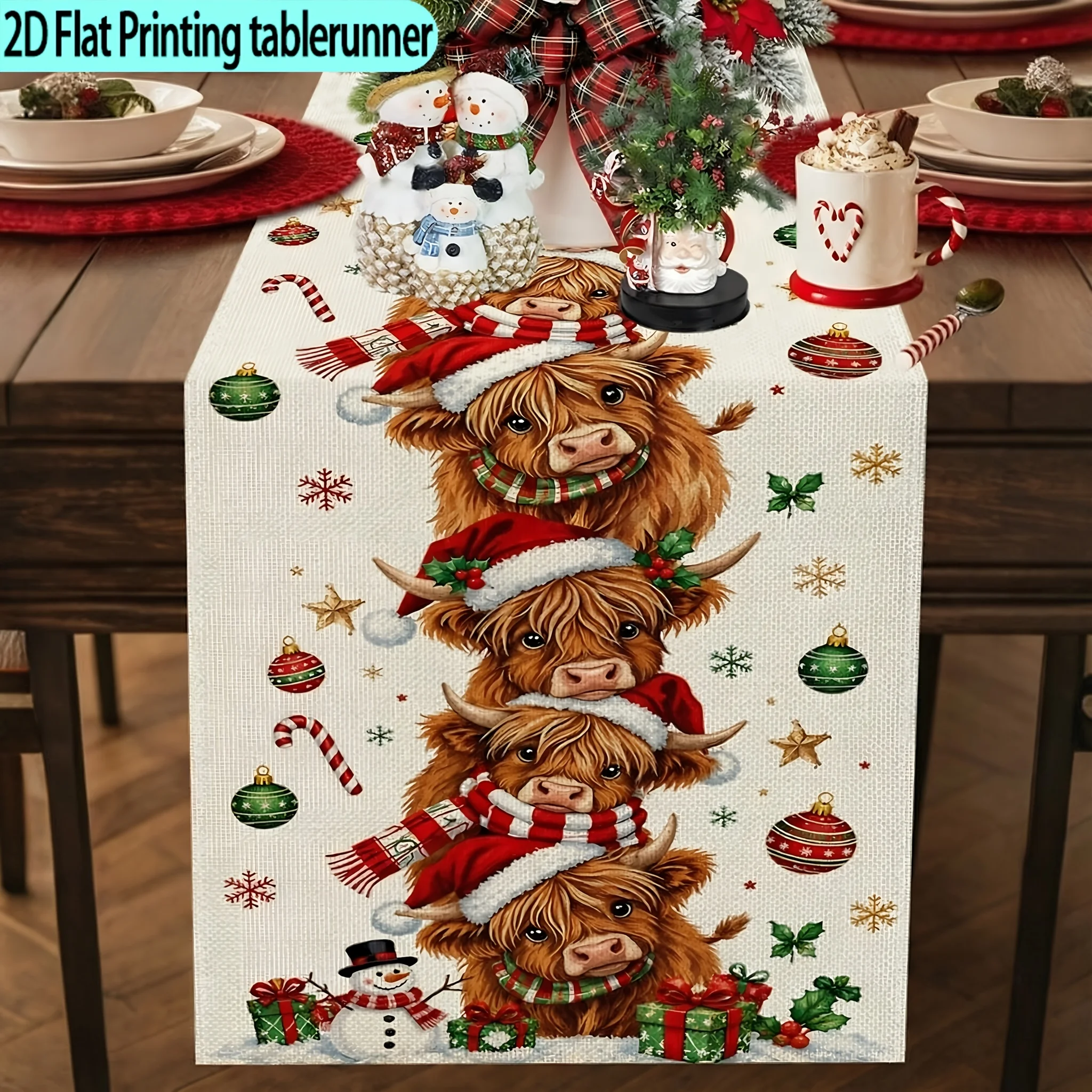 VIKAMA Christmas Table Runner Highland Cow Stack Santa Hat Scarf Bauble Snowman Decorative Washable Kitchen Dining Holiday