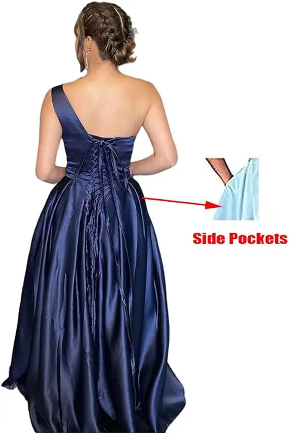 Customized Royal Blue One Shoulder Satin Prom Dresses with Slit Plus Size Ruffle Wedding Party Dress A Line Women Bridesmaid