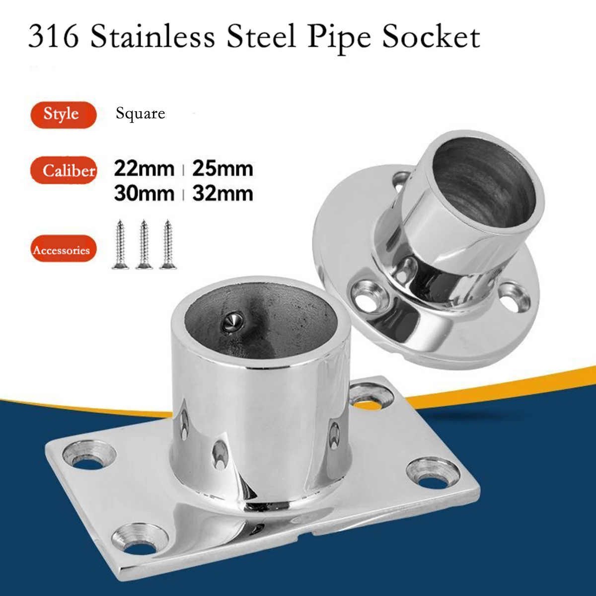 316 Stainless Steel 90° Round Tube Base, Marine Railing & Handrail Square Base, Deck Mounting Hardware, Yacht Accessories