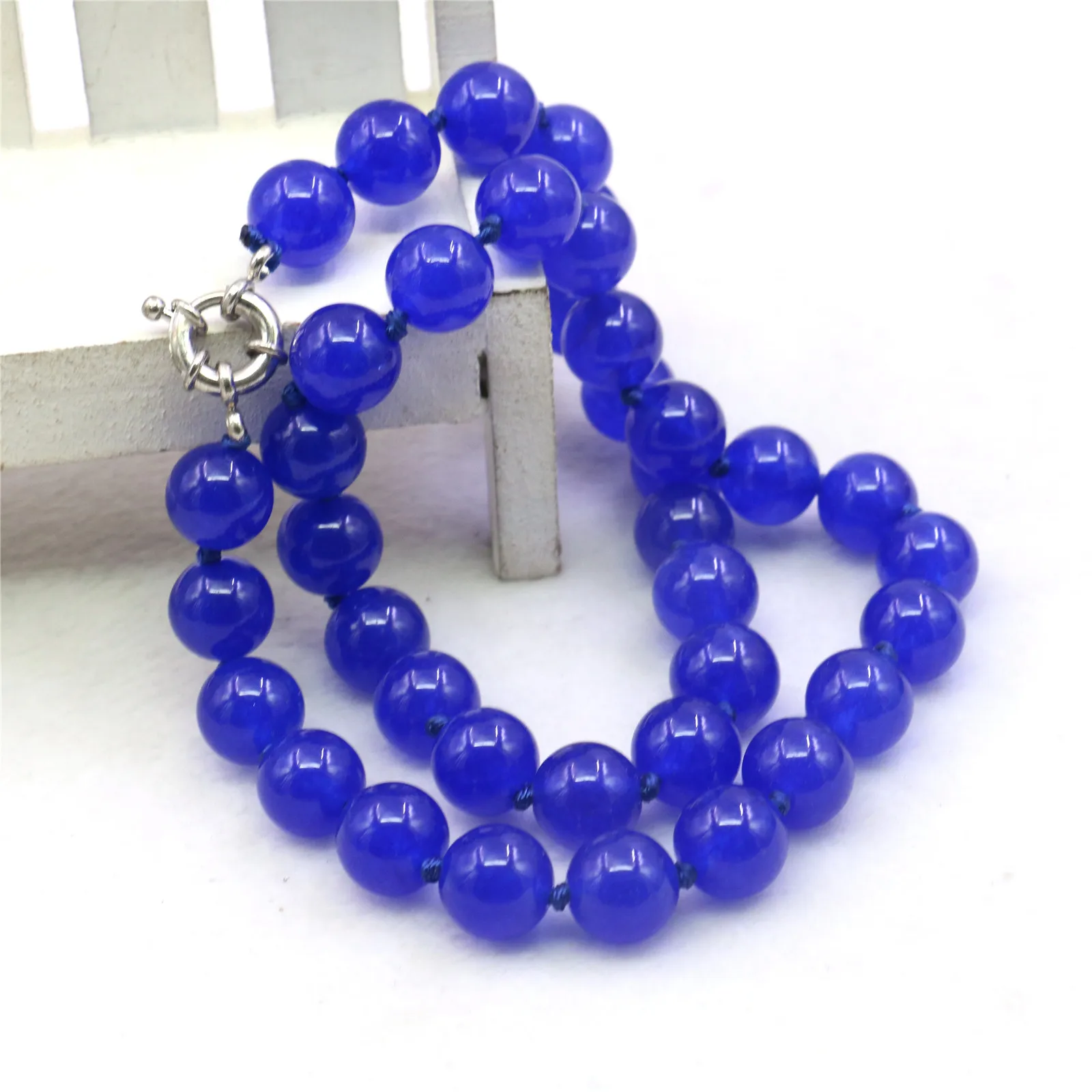 10mm Round Blue Jades Chalcedony Necklace Natural Stone Hand Made DIY Women Hand Made Neckwear Fashion Jewelry Making Design