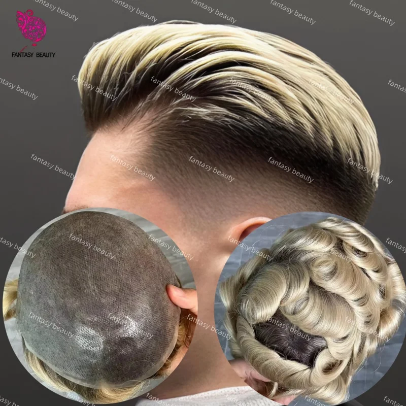 

Мужской парик-накладка Ombre Blonde Brown Black, 0.06-0.08 мм, ультратонкая полиуретановая основа, естественная линия роста волос, 130% плотность, 100% натуральные человеческие волосы.