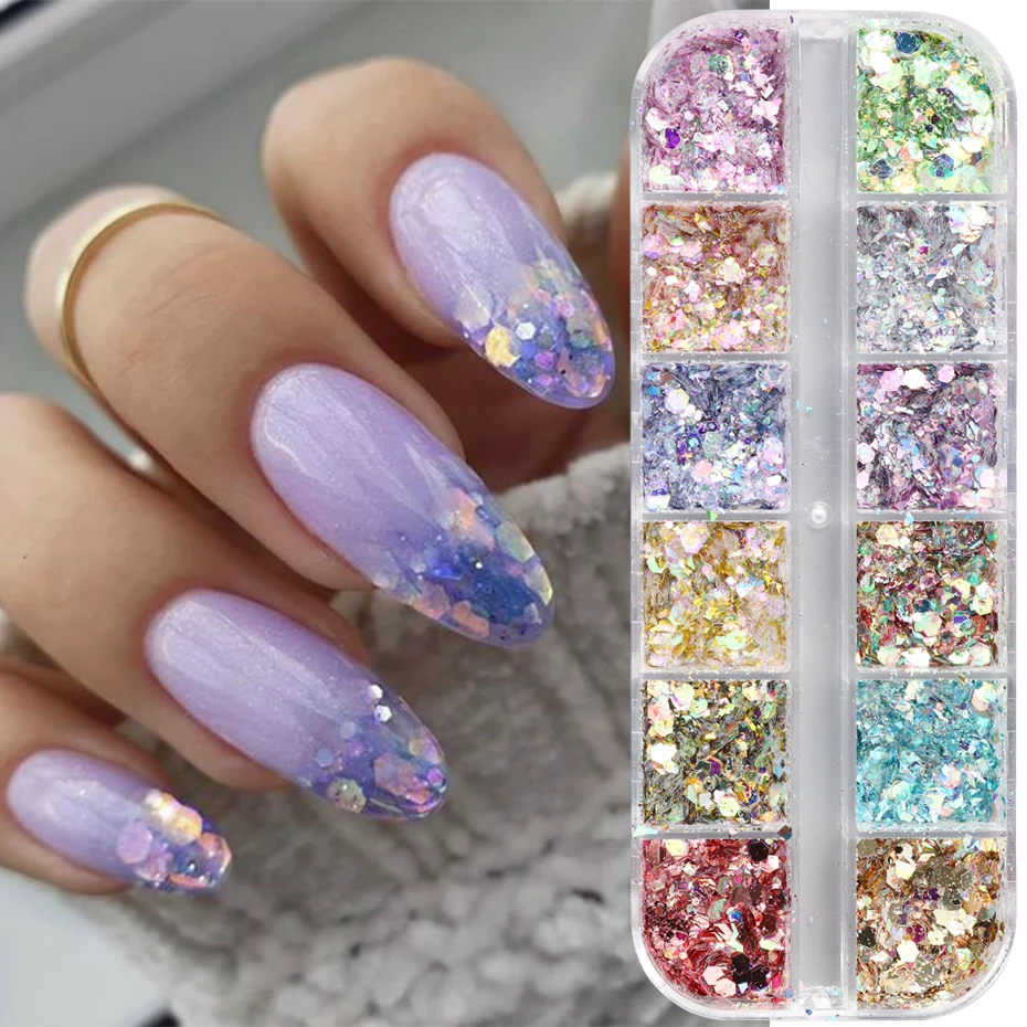 12 Grids Aurora Iridescent Mixed Hexagon Nail Glitter Sequins Holo Flakes Nail Art Powder Gel Polish Manicure Accessories