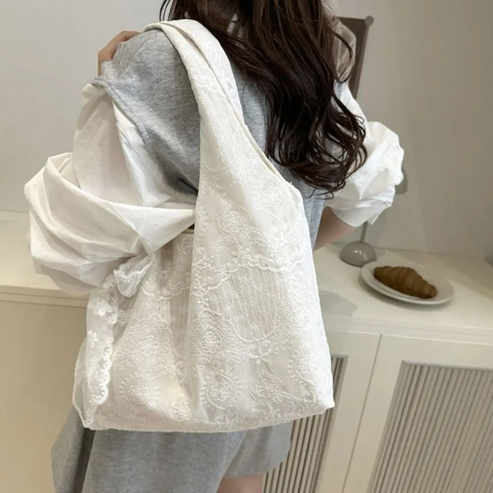 

Big Pouch Tote Bag Lace Shoulder Bag Korean Style Kawaii Simple Canvas Handbag Cloth With Ribbon Large Capacity Bag Girls