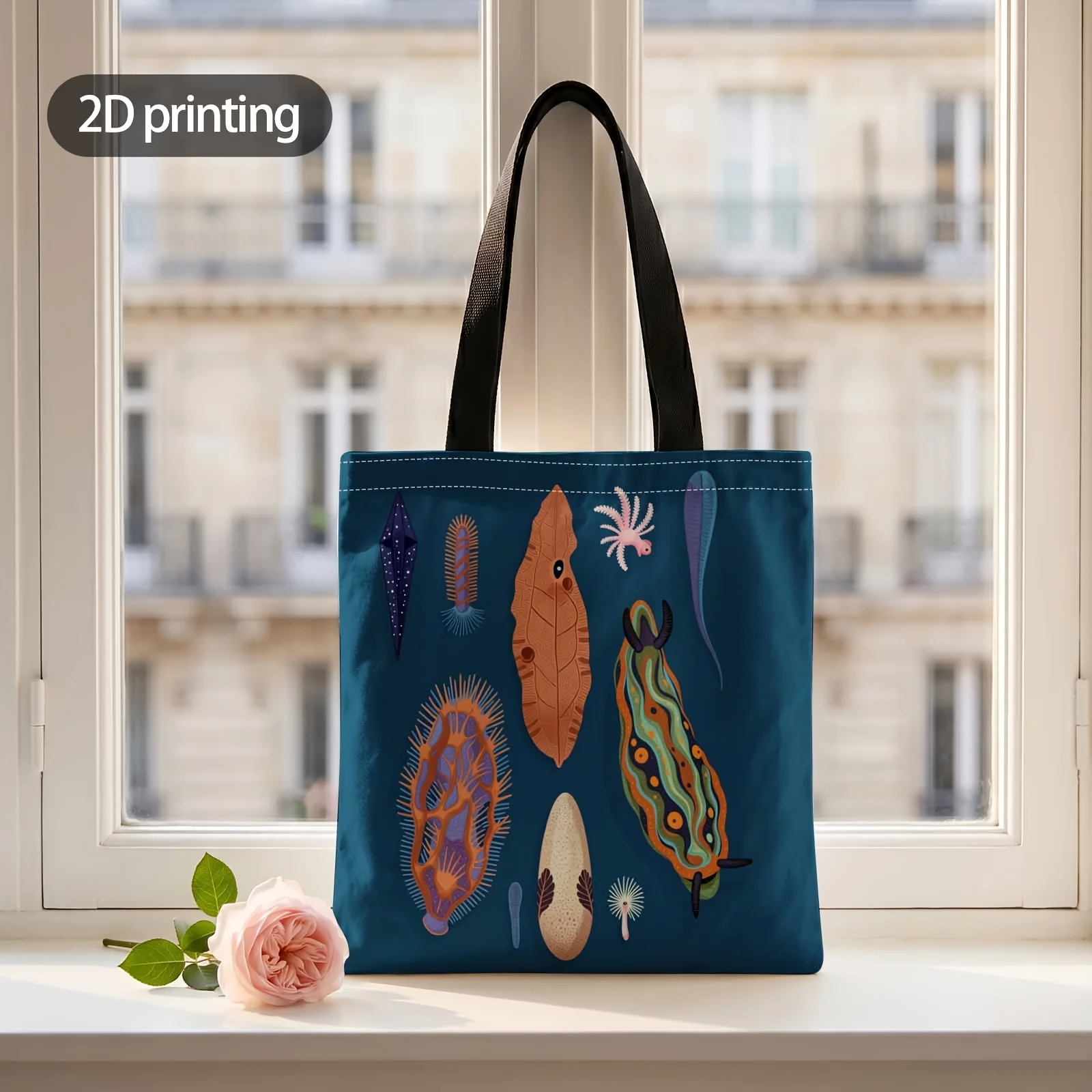 1pc 2D Printed Handbag with Ocean's Hidden Wonders Pattern, Reusable Fashion Shoulder Bag Handbag Shopping Tote Bag Suitable for