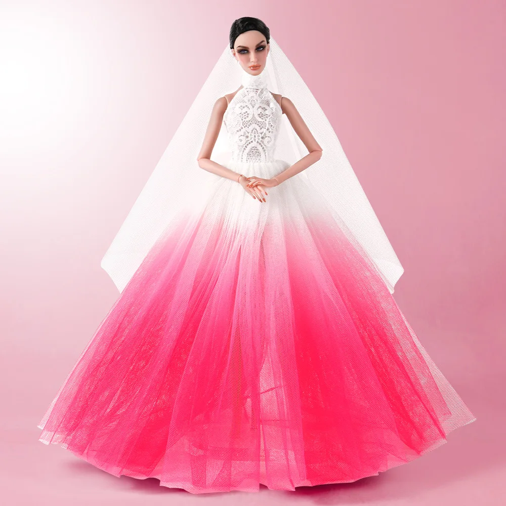 1/6 Fashion Sweet Gradient Blue/Pink Wedding Dress Clothes For 30cm Doll Supermodel Princess Dress Trailing Wedding Dress Up Toy