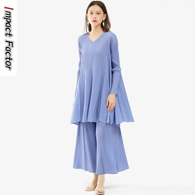 

Miyake Solid Color Basic Two Piece Set 2024 Spring and Autumn Mid Length Top Women's Long Wide Leg Pants Fashion Set Women