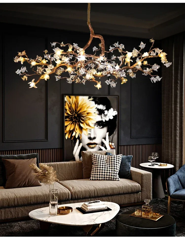 Modern Luxury Coppe Crystal Tree Branch Ceiling Chandeliers For Restaurant Living Room Bar Tea Room Led  Luster Hanging Lighting