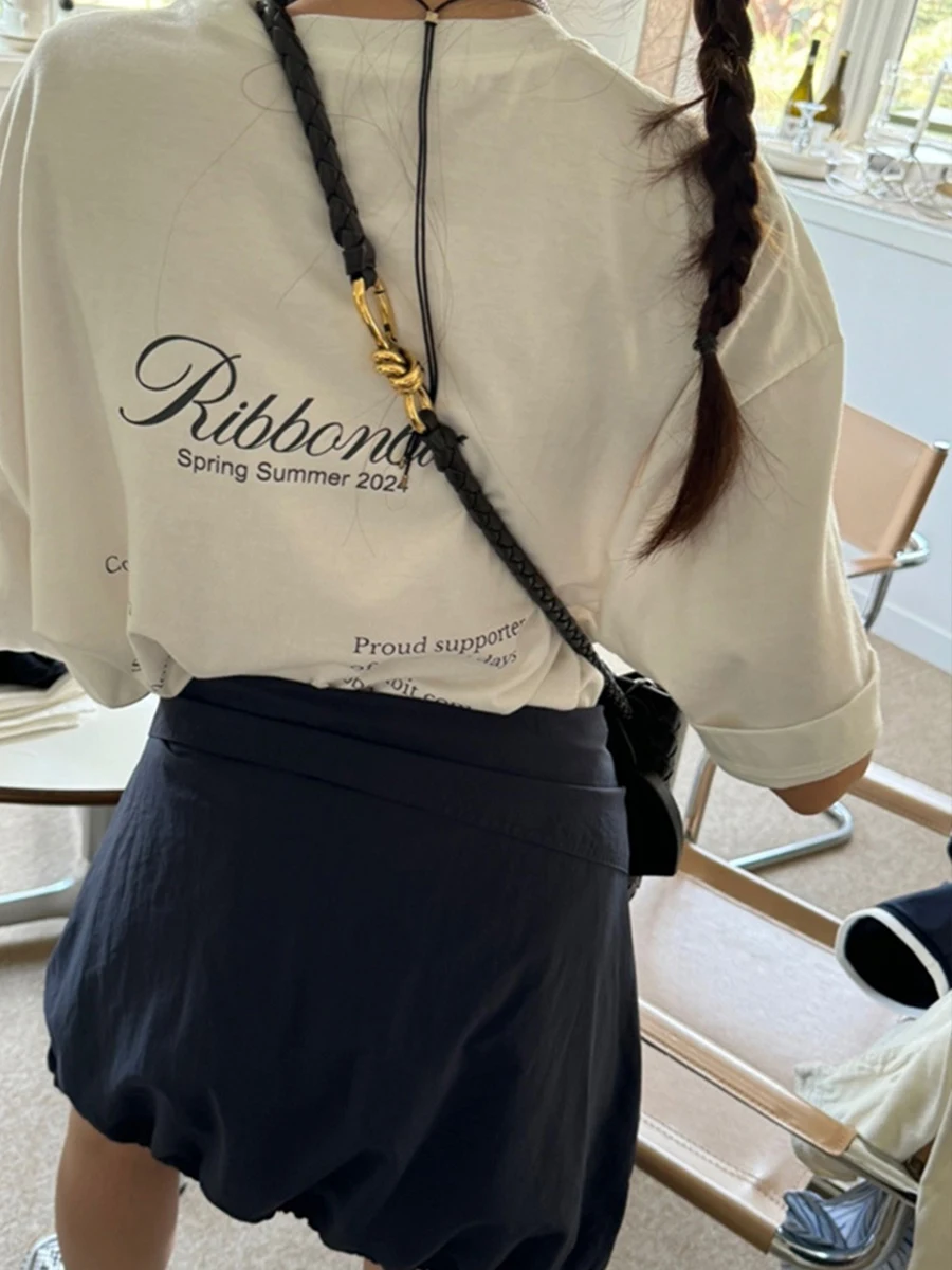 Korean Sle Pure Cotton ort Sve T-irt Women's Simple oulder High End Feeling Ribbon Bit Fem Top Summer irt