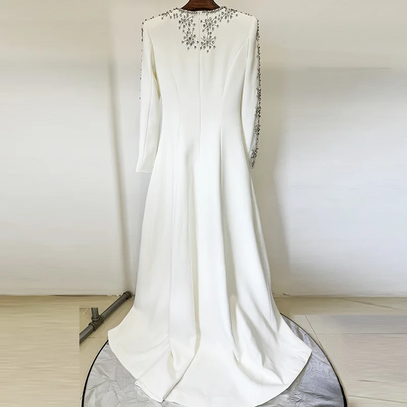 Design de luxo formal vestido de festa branco prata cristal vestidos de noite de casamento mangas compridas trompete sereia senhora vestidos de noite