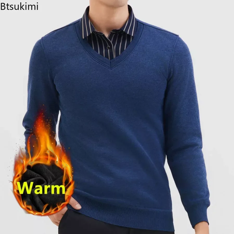 

New Men's Winter Pullovers Turn-down Collar Button Solid Long Sleeve Shirts Sweater Fake Two Pieces Warm Bottoming Shirt for Men