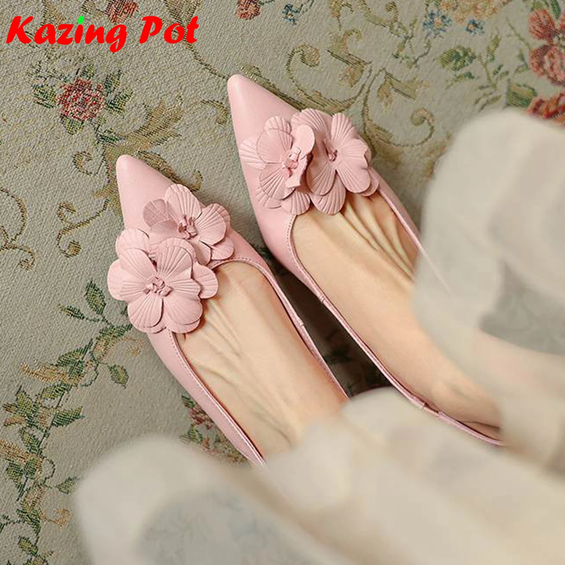 Krazing Pot Sheepskin Pointed Toe Women Summer Slip On Street Wear Art Design Stiletto Med Heels Three-dimensional Flower Pumps